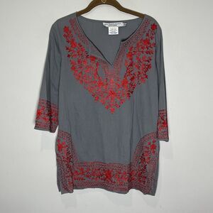 Gretchen Scott Tunic‎ Women’s XS Gray Red Notch Neck Embroidered Cotton Top